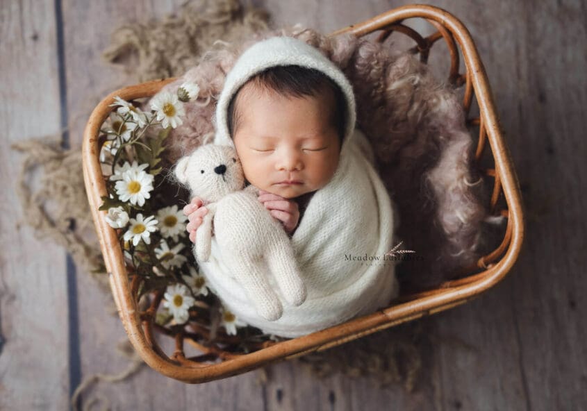 Newborn photography wrapped pose in rattan basket with daisies
