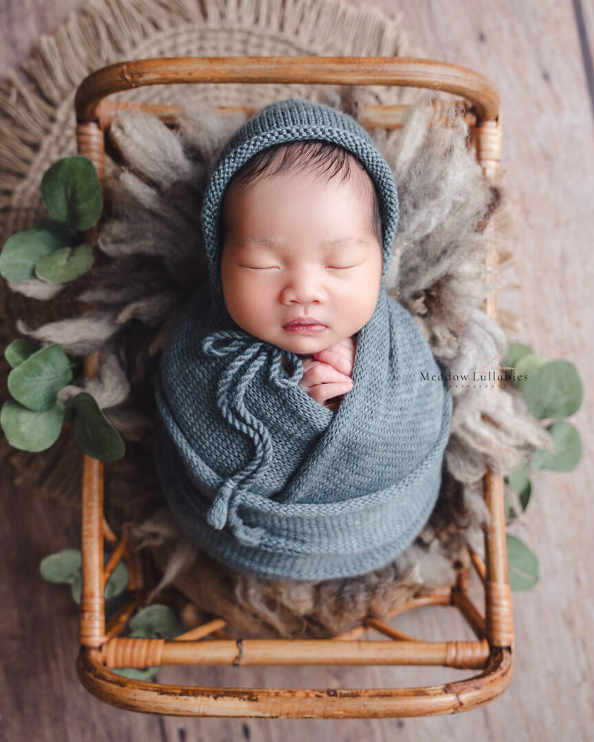 Sleeping newborn in a carved wooden bed prop surrounded by green leaves, newborn photography Singapore